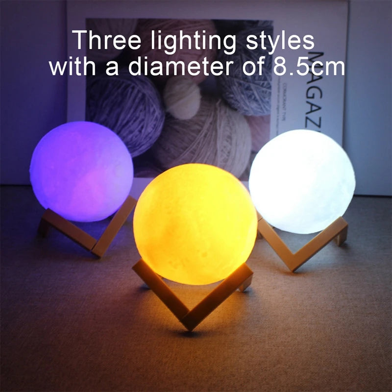 8cm Moon Lamp LED Night Light Battery Powered With Stand Starry Lamp Bedroom Decor Night Lights