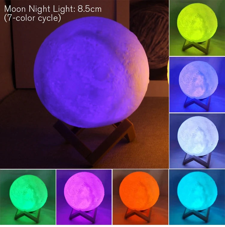 8cm Moon Lamp LED Night Light Battery Powered With Stand Starry Lamp Bedroom Decor Night Lights