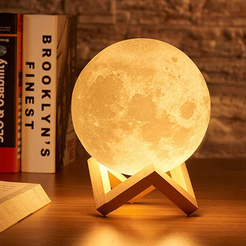 8cm Moon Lamp LED Night Light Battery Powered With Stand Starry Lamp Bedroom Decor Night Lights