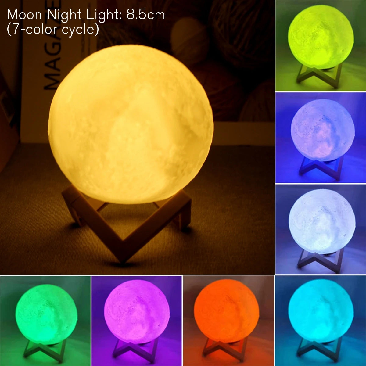 8cm Moon Lamp LED Night Light Battery Powered With Stand Starry Lamp Bedroom Decor Night Lights