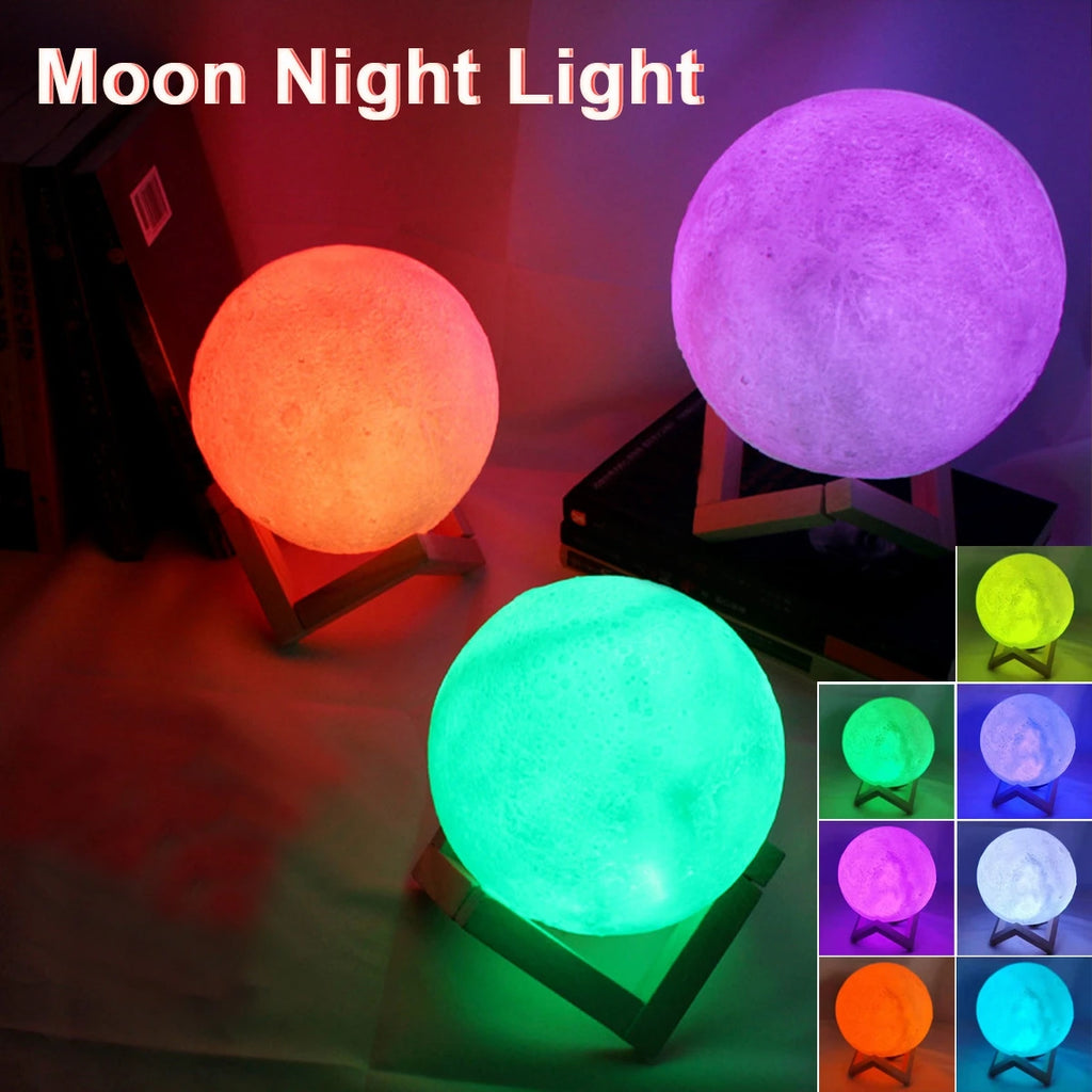 8cm Moon Lamp LED Night Light Battery Powered With Stand Starry Lamp Bedroom Decor Night Lights