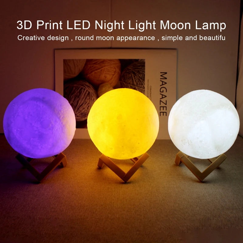 8cm Moon Lamp LED Night Light Battery Powered With Stand Starry Lamp Bedroom Decor Night Lights