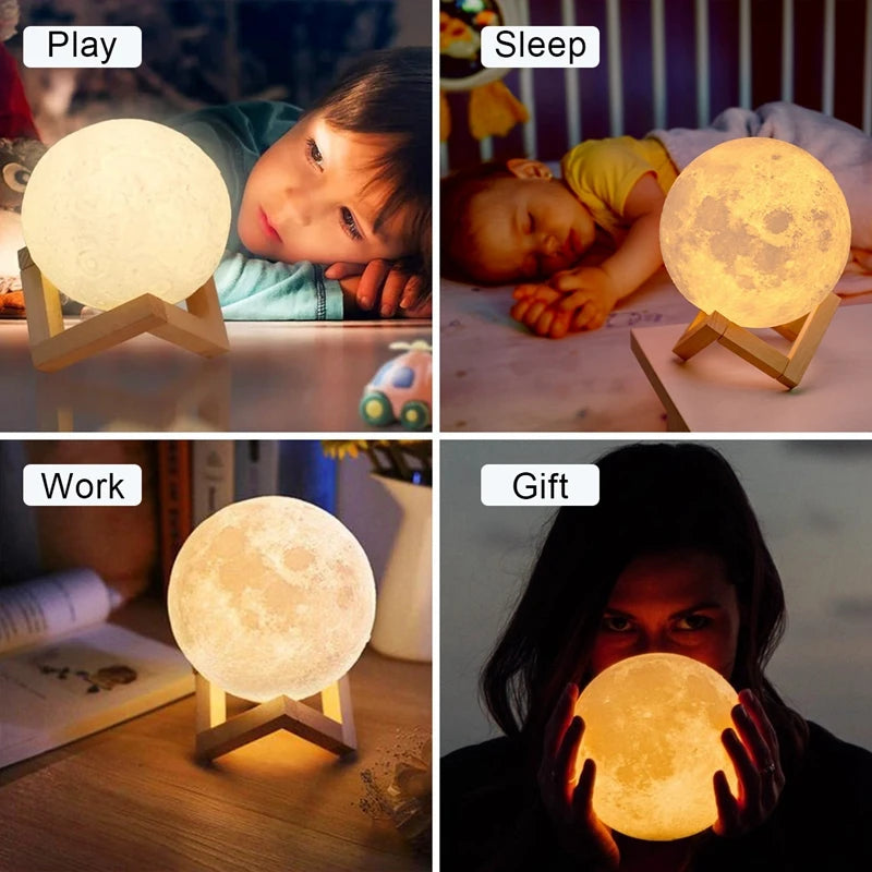 8cm Moon Lamp LED Night Light Battery Powered With Stand Starry Lamp Bedroom Decor Night Lights
